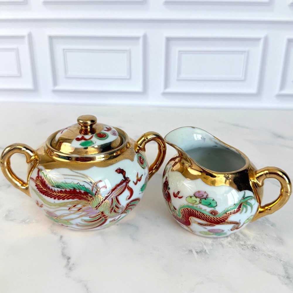 VTG Asian DragonWare and Phoenix 22K Gilded Sugar and Creamer
